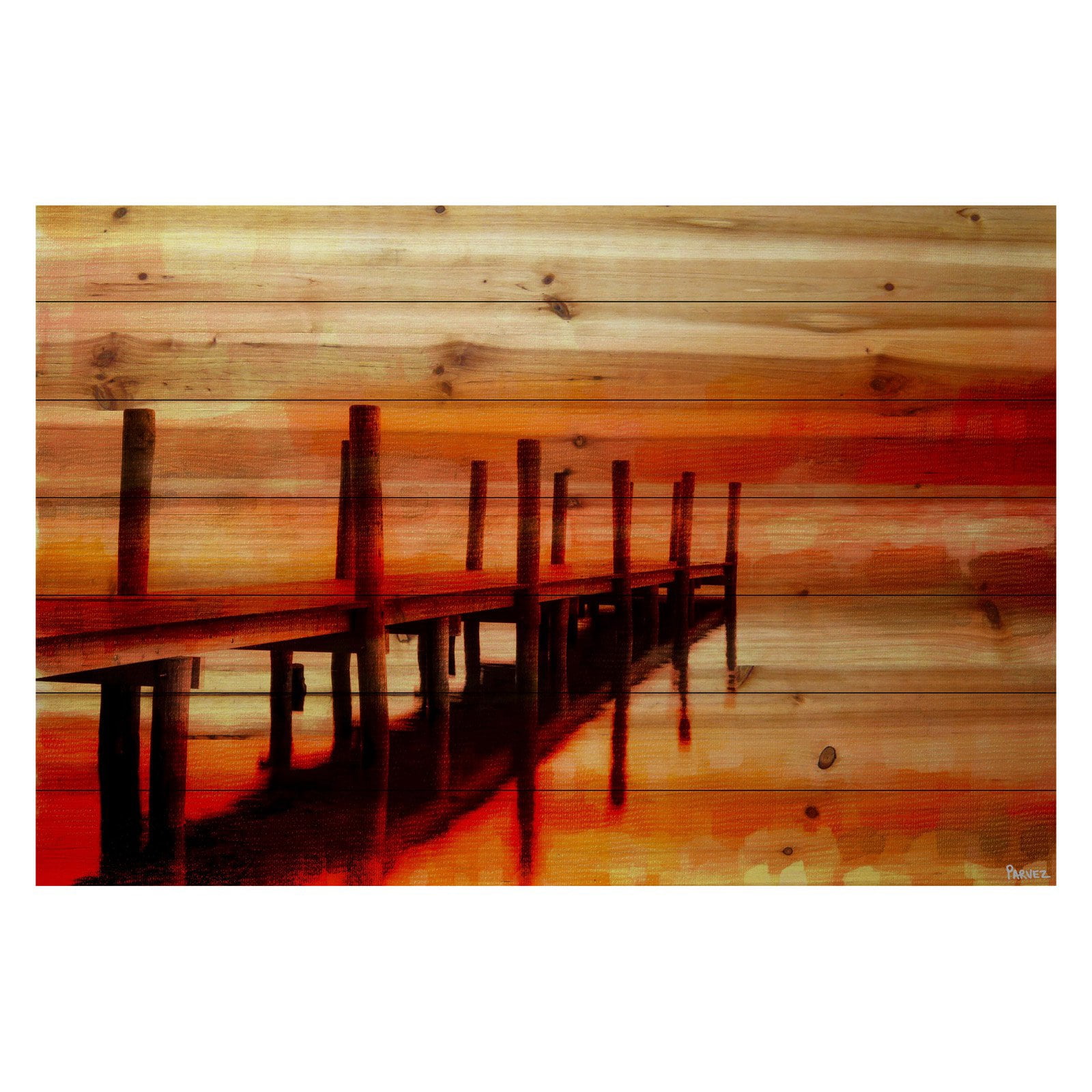Marmont Hill Sunset Dock Painting Print on Natural Pine Wood Wall Art