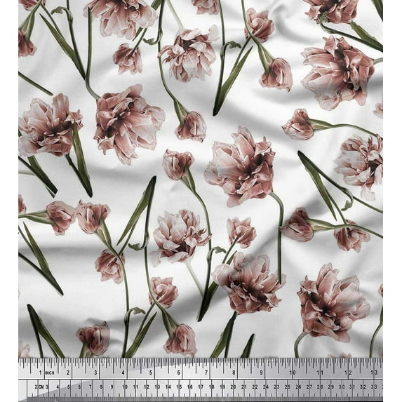 Soimoi White Cotton Cambric Fabric Peach Floral Print Fabric by The Yard 42 Inch Wide