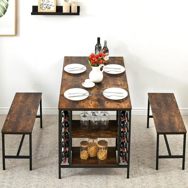 Dining Table Set for 4 with 2 Benches, Rectangular Table with Wine Rack & Storage Shelf