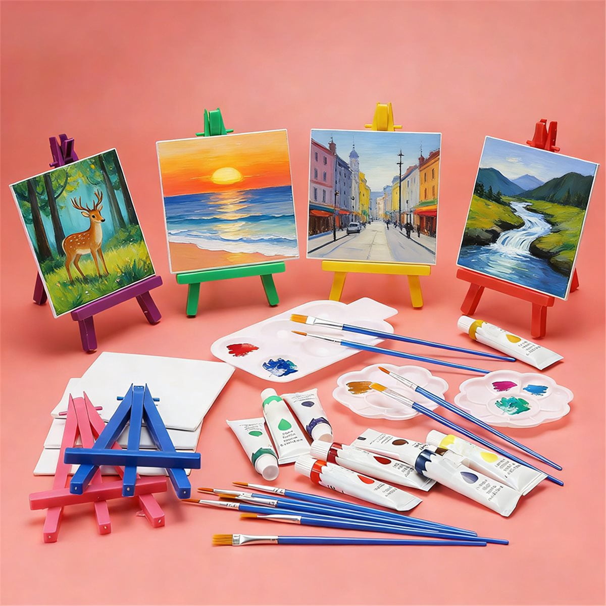 24 Pcs Canvas and Easel Set,Adult Party Painting Kit,24 Pcs 4" X 4" Art Easel Stand, 24 Brushes&Palette for DIY & Gifts