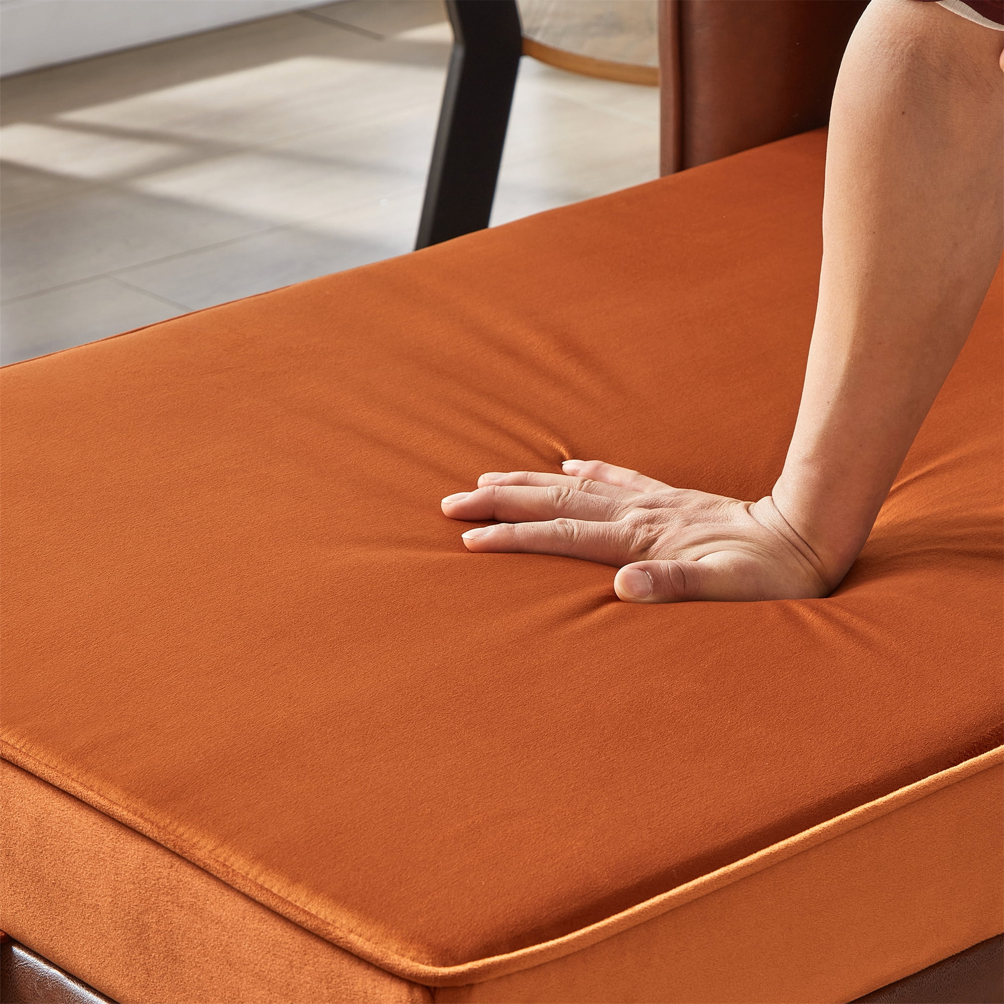 Aukfa 65" Storage Chaise Lounge Indoor Leather Sofa for Living Room Bedroom, Wooden Legs, 2 Pillows, Brown & Orange