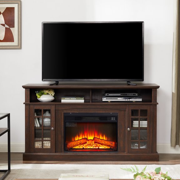 Atumcto Fireplace TV Stand for TVs up to 65" with 23" Electric Fireplace Insert, Modern Rustic Entertainment Console with Cozy Warmth, Multi-Functional Open & Cabinet Storage, Espresso Finish