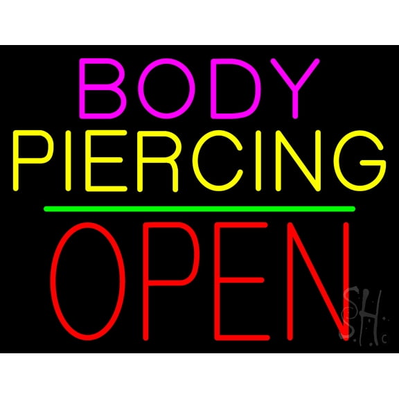 Body Piercing Block Open Green Line LED Neon Sign 24" Tall x 31" Wide - inches Black Square Cut Acrylic Backing, with Dimmer - Premium built indoor Sign for Storefront, Store interior, Studio.