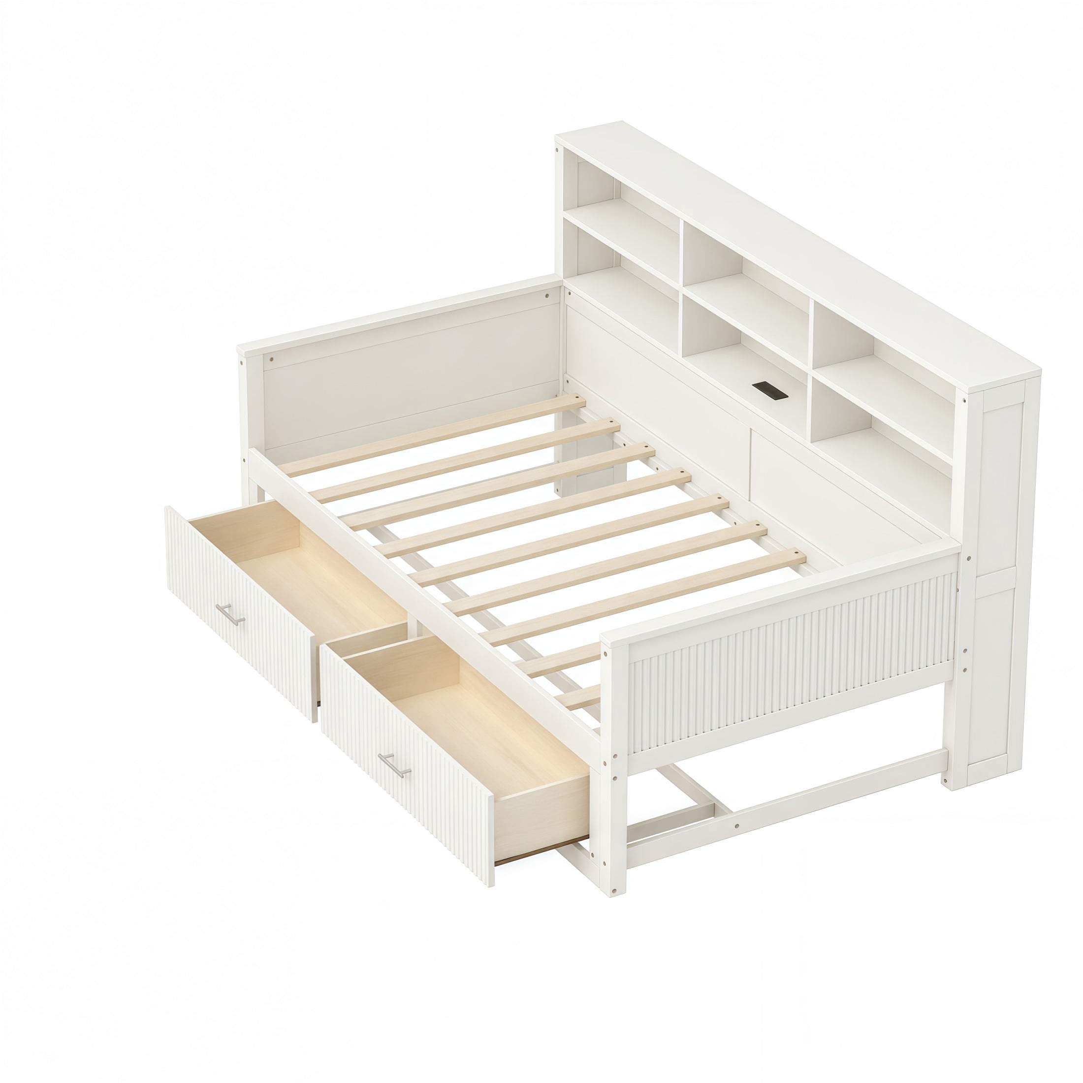 GDF Studio Josha Twin-Size Wooden Daybed with Bookcase Headboard, Storage Drawers & Built-In Charging Station, White