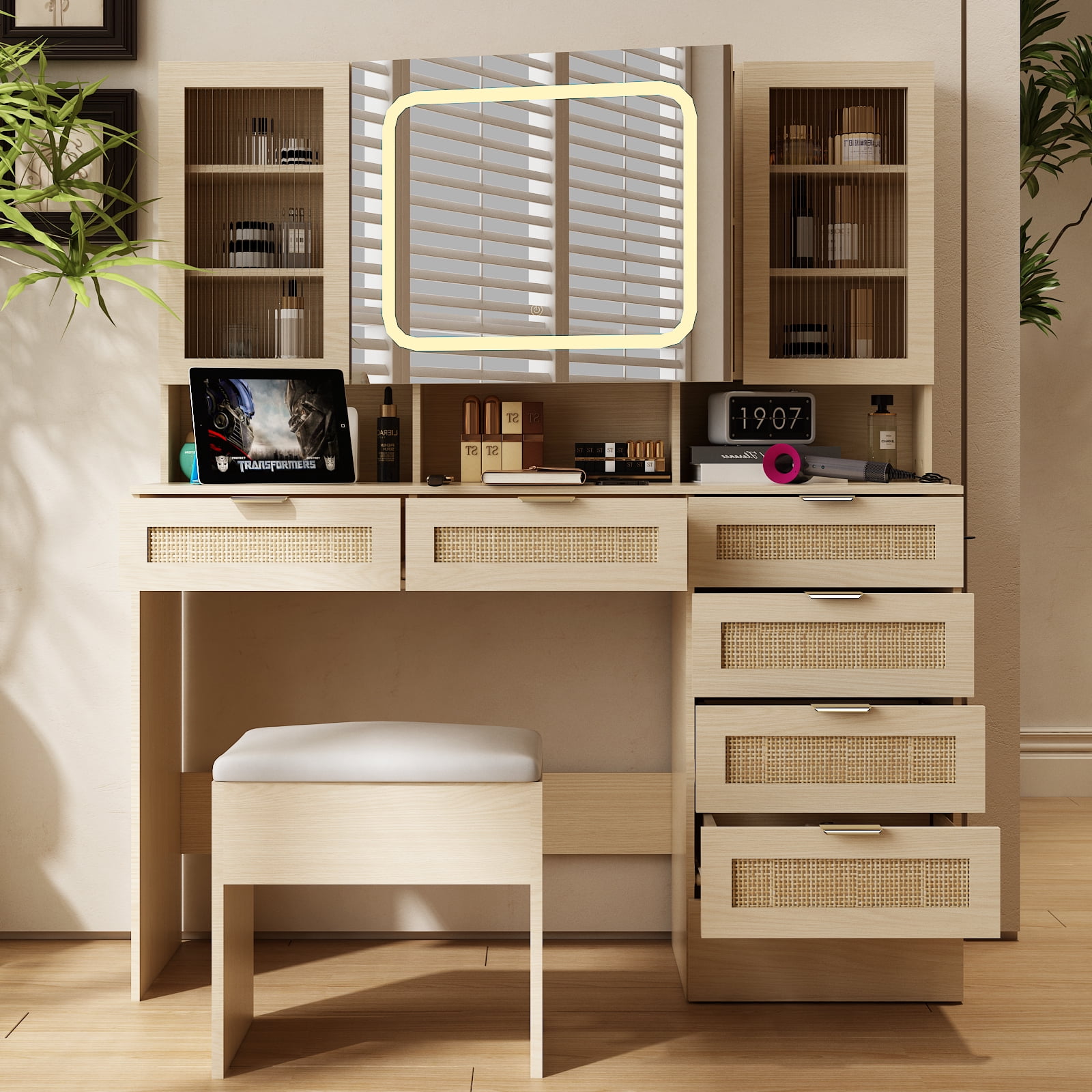 Ktaxon Large 47.24" Makeup Vanity Table Set with Hidden Storage, 7-Drawer Dressing Table, Bedroom Makeup Table, Natural
