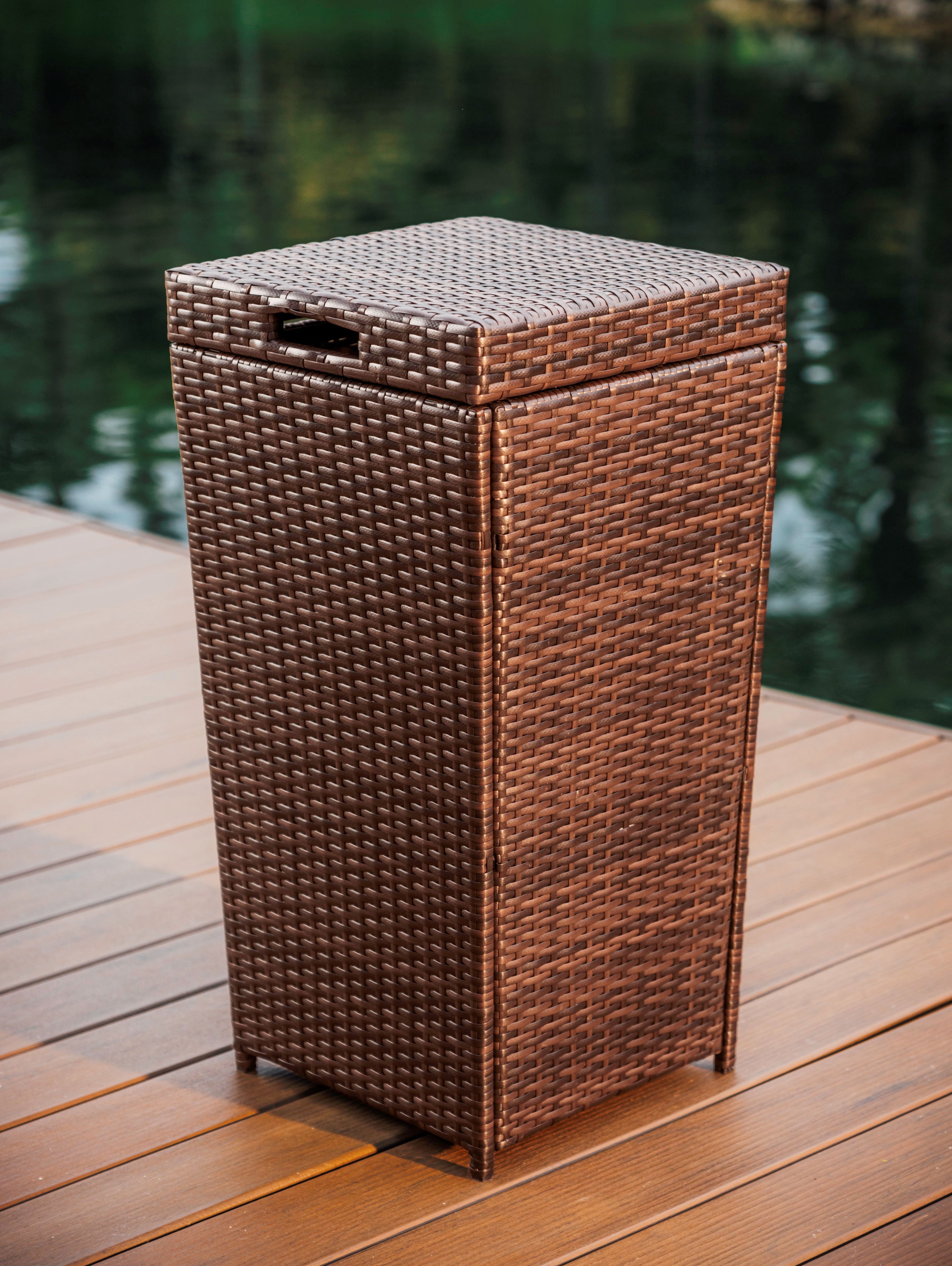 Hearth & Harbor 35 Gallon Outdoor Trash Can with Lid, Hideaway Wicker Rattan Garbage Can, Brown