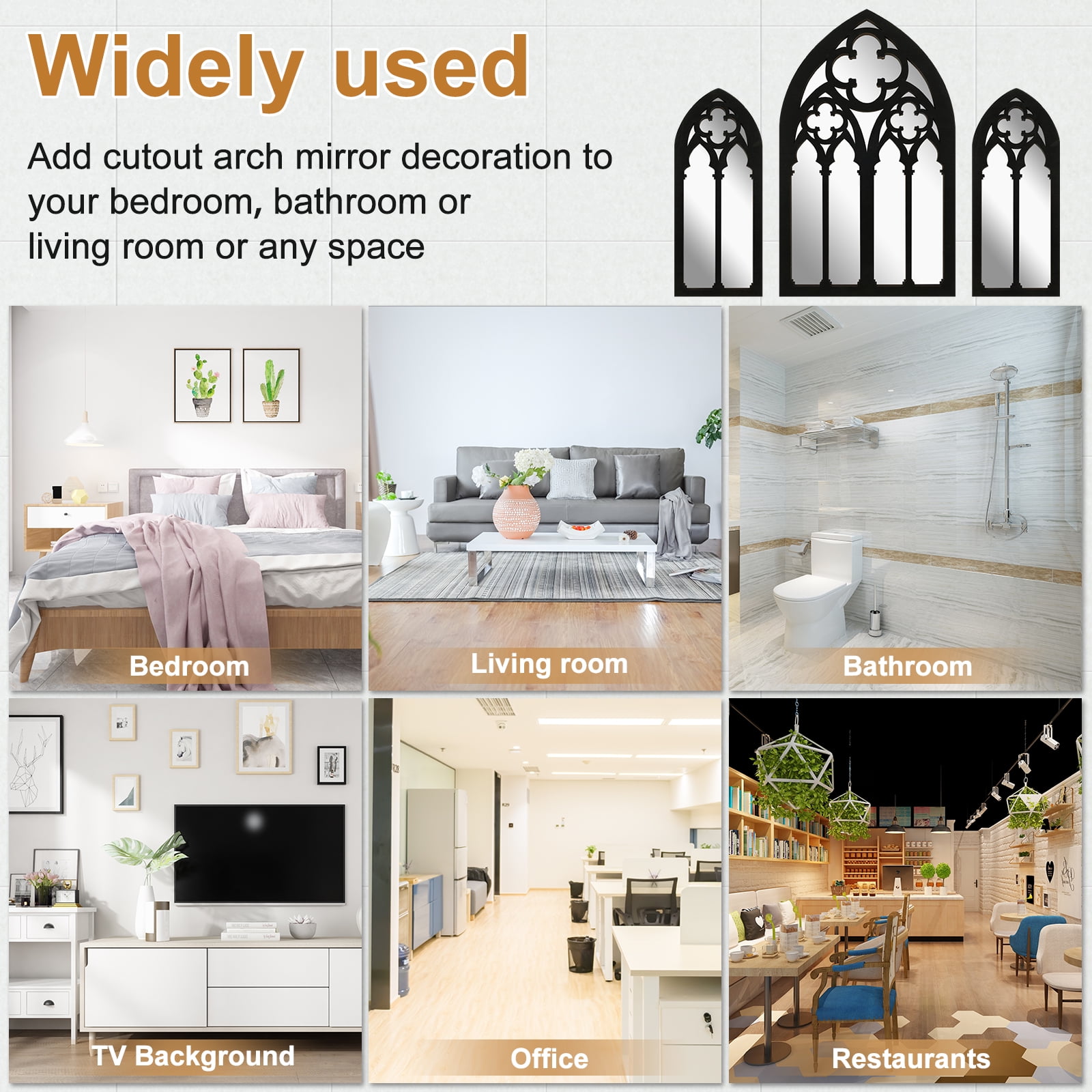 EUWBSSR 3Pcs Gothic Arch Wall Mirrors – Wood-Framed Decorative Set for Living Room, Bathroom, or Bedroom (1- Large :  7.2×11.8 inches, 2 - Small: 3.6×8.6 inches)