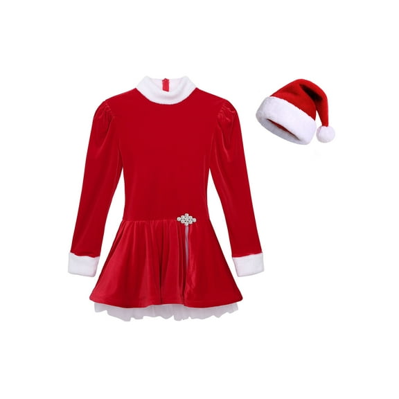 Aislor 2Pcs Womens Christmas Mrs Santa Costume Figure Ice Skating Dance Dress Leotard with Hat Outfit Red L
