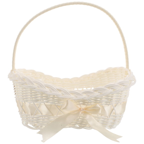 EXHUMKY White Imitation Rattan Bridal Flower Basket, Portable Handle for Wedding