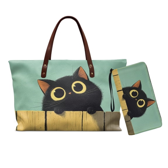 DISNIMO Black Cat Print Handbag and Wallet Set Womens Tote Bag with Wallet PU Leather Satchel Shoulder Purse for Daily Use