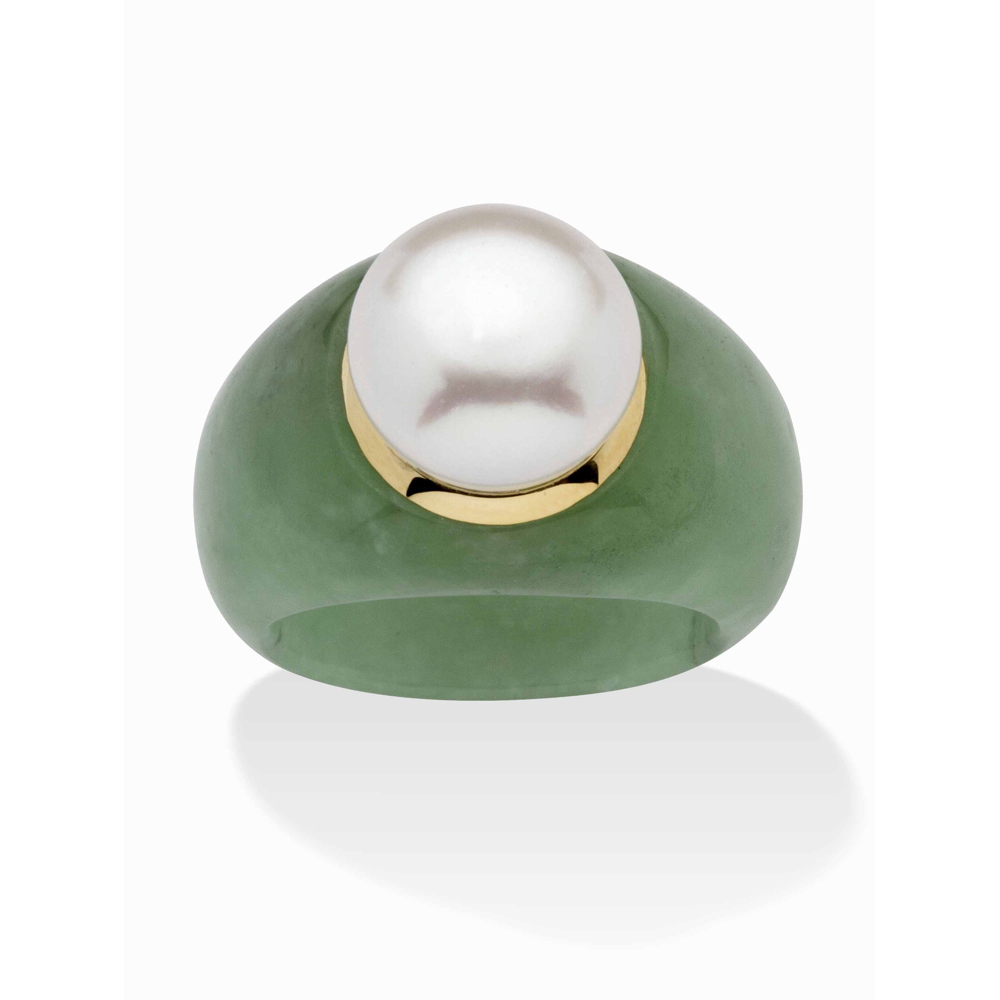 PalmBeach Jewelry Round Cultured Freshwater Pearl set in Genuine Black or Green Jade Ring 10k Yellow Gold