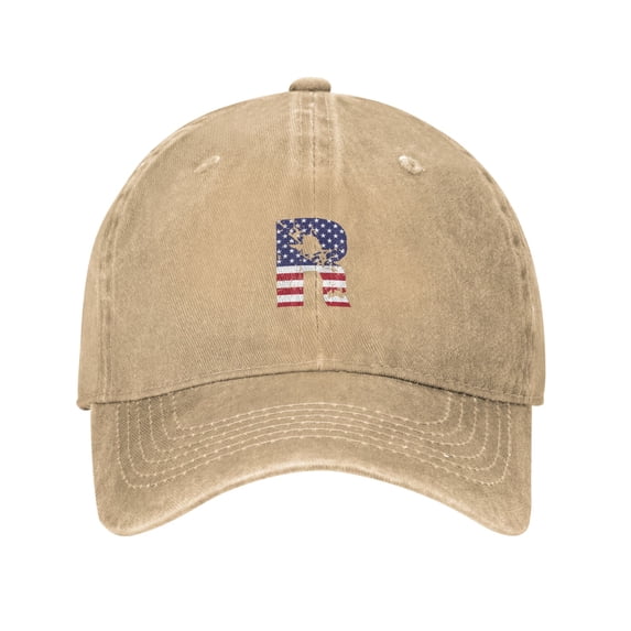 ZICANCN Adjustable Baseball Cap Women, Alphabet R America Usa Flag Hats for Men Adult Washed Cotton Denim Baseball Caps Fashion, Natural