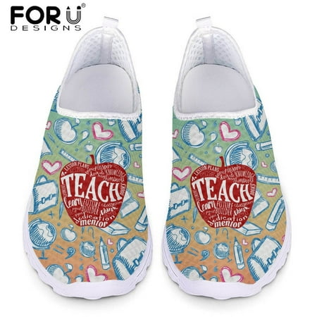 

FORUDESIGNS Best Teacher Pattern Summer Women Breathable Mesh Shoes Flats Women s Sneakers Nurse Beach Loafers for Ladies Shoes