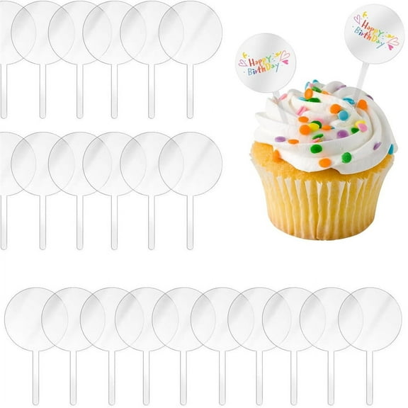 Triani 30Pcs Blank Acrylic Cupcake Toppers 2 Inch DIY Clear Round Blank Cake Personalized Cupcake Topper with Sticks for Birthday Party Wedding Decoration