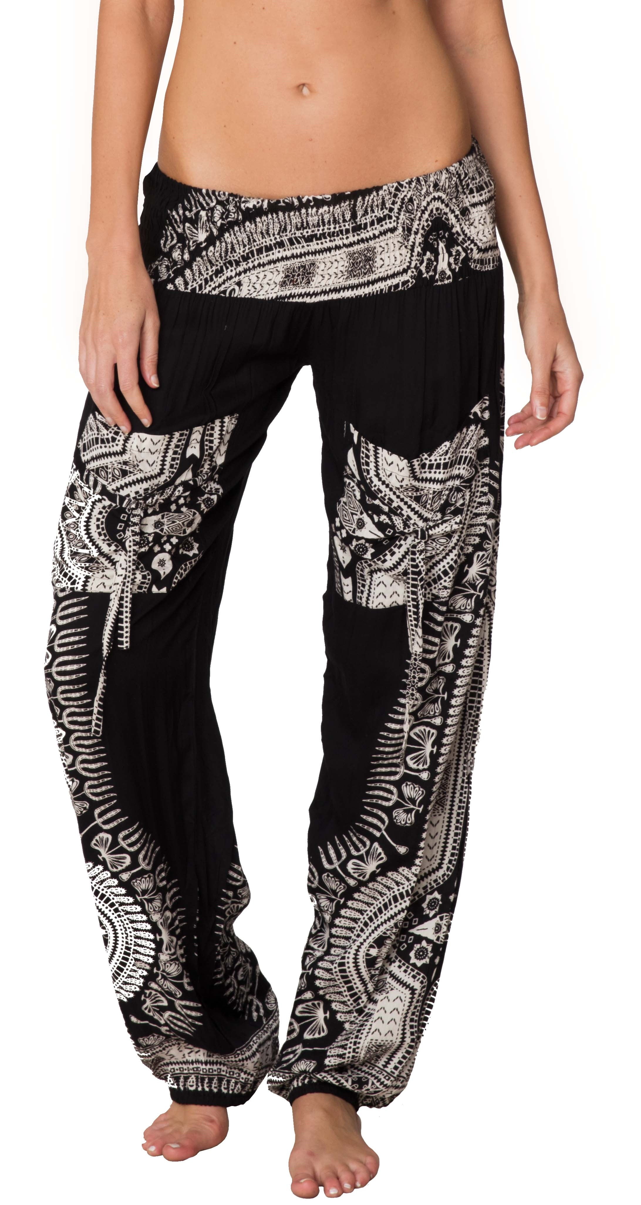Womens Harem Pants Bohemian Clothes Boho Yoga Hippie Pants Smocked Waist Black
