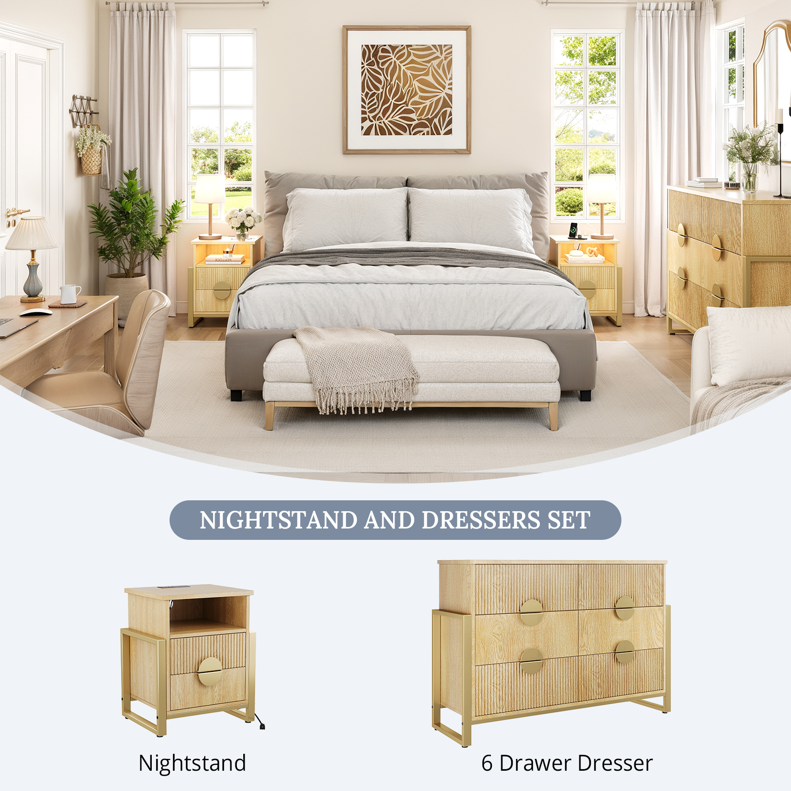 Holliwill 6 Drawer Dresser for Bedroom, Fluted Dresser Chest of Drawers for Living Room, Hallway, Oak