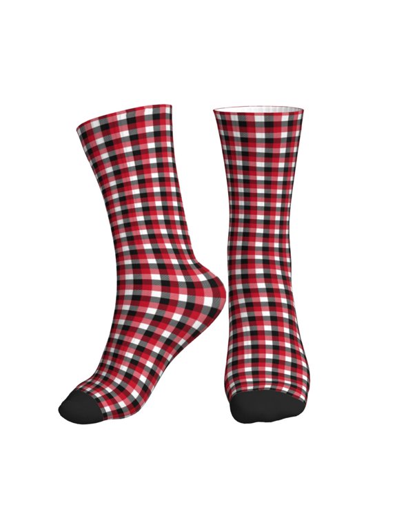 Crew Socks for Women Men Athletic - red black buffalo plaid Soft Comfort Breathable Mid-Calf Sole Running Socks Womens Men