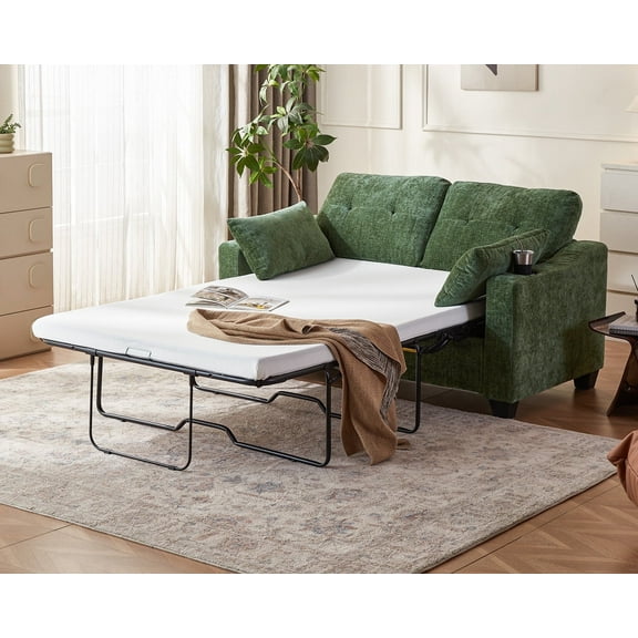CHIC HOUSE Pull Out Sofa Bed Couch Full Size with Mattress USB, Convertible Sleeper Sofa Loveseat for Small Spaces RV, Chenille Pull Out Couch Bed for Living Room with Cup Holders LED Lights, Green