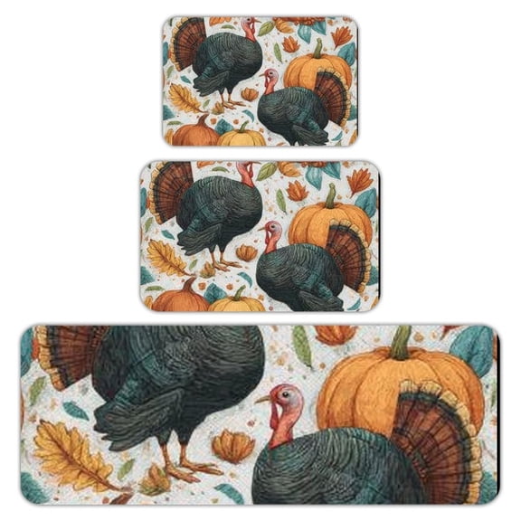 RKSupls Kitchen Rug Set 3 Piece Anti-Slip Flannel Floor Mats, Turkey Pumpkin Autumn Washable Absorbent Runner Mats for Kitchen Bathroom Home Decor