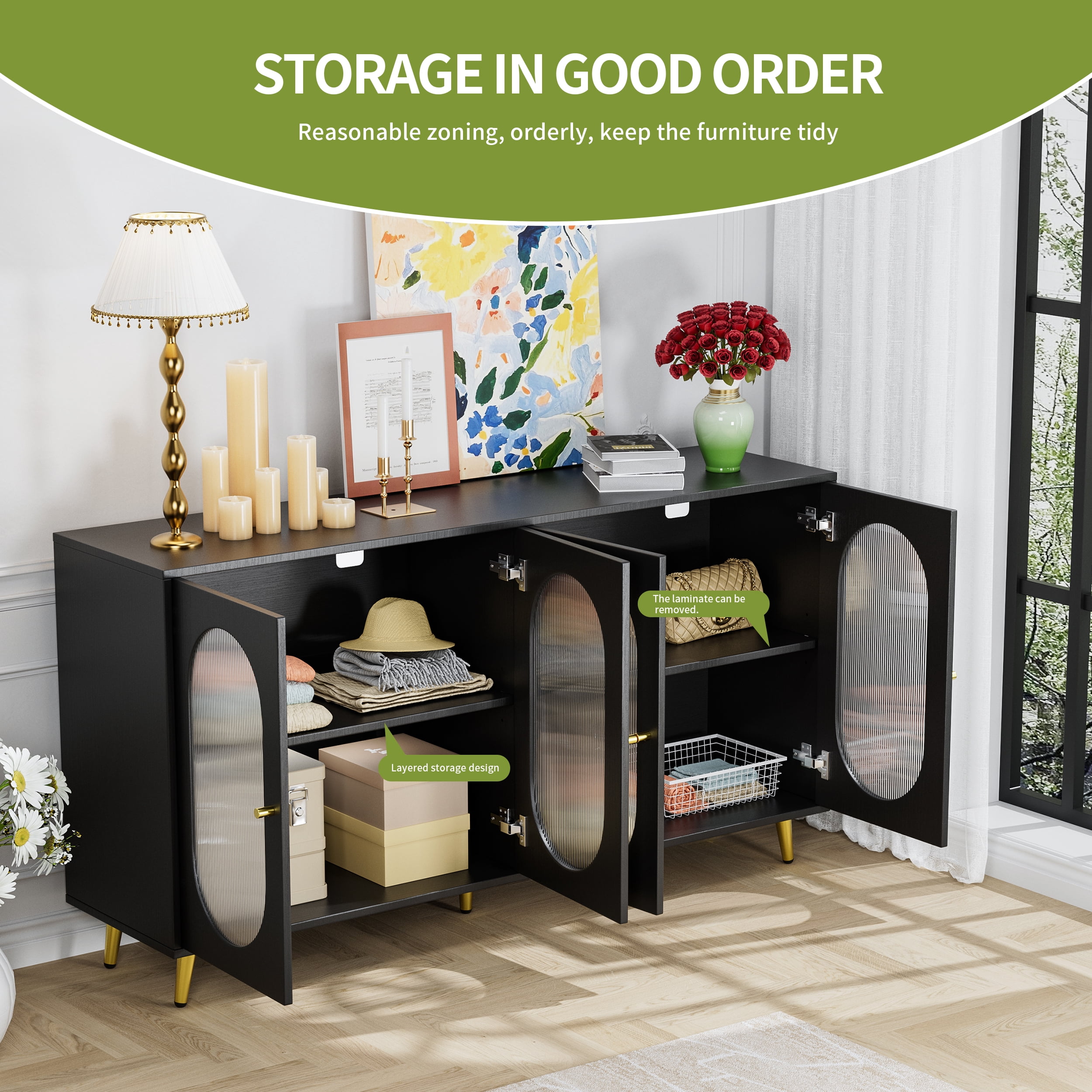 Aukfa Accent Storage Cabinet with Adjustable Shelves,Buffet Cabinet for Kitchen Living Room Hallway,Black