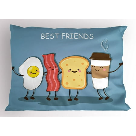 Bacon Pillow Sham, Cute Image of an Egg Bacon Toast Bread and Cup of Coffee as Morning Best Friends, Decorative Standard Size Printed Pillowcase, 26 X 20 Inches, Multicolor, by