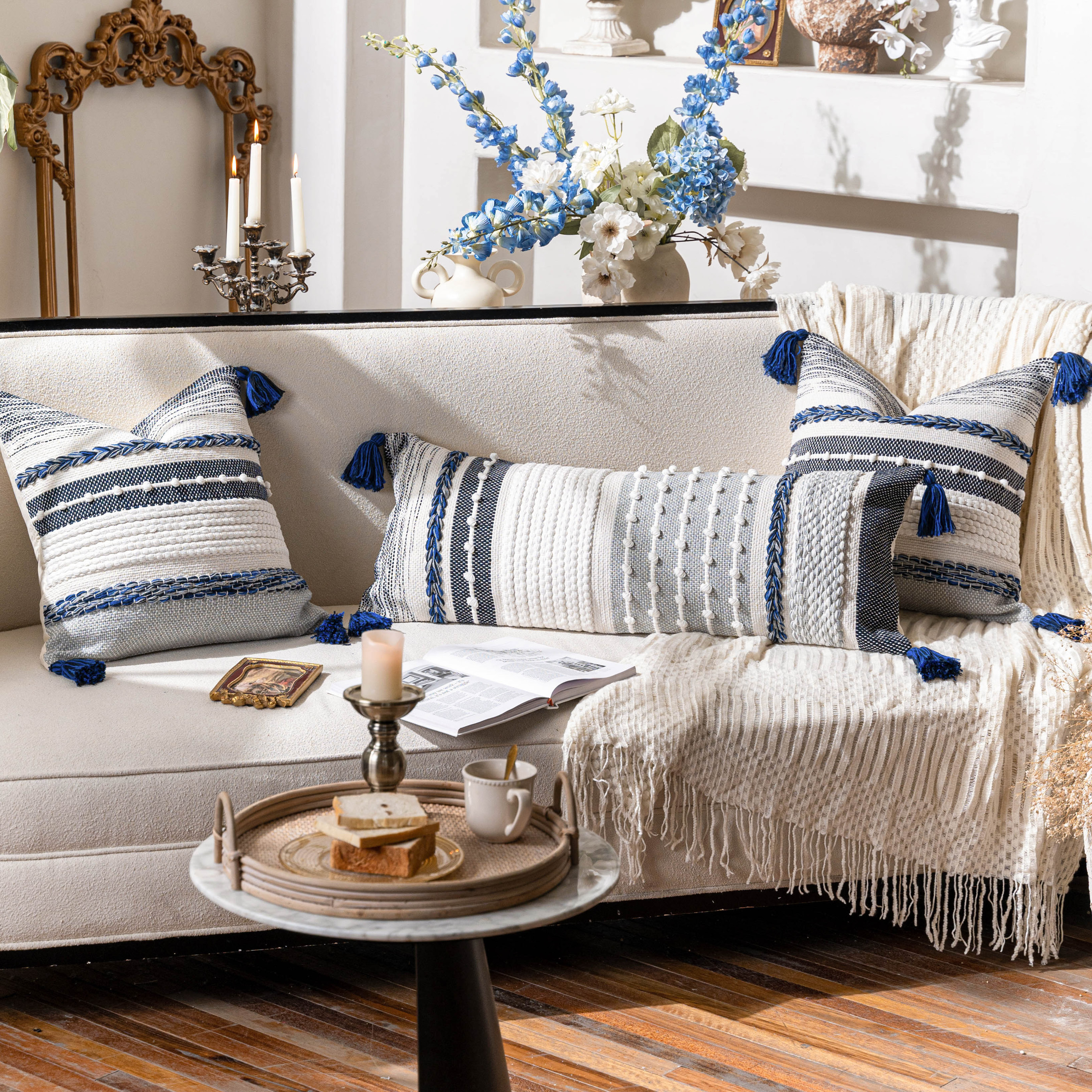 BlissBlush Navy Dark Blue Boho Decorative Lumbar Pillow Cover 14x36, Long Body Pillow for Bed, Accent Lumbar Throw Pillow for Couch, Modern Farmhouse Textured Pillowcase