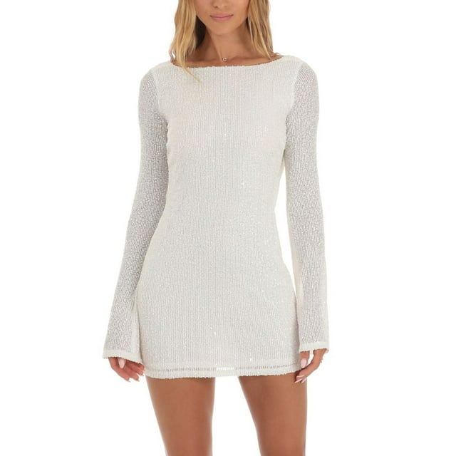 Gupgi Robe Courte à Paillettes pour Femme à Manches Longues, Dos Nu à Nouer, Moulante, Robe de Cocktail pour Fête