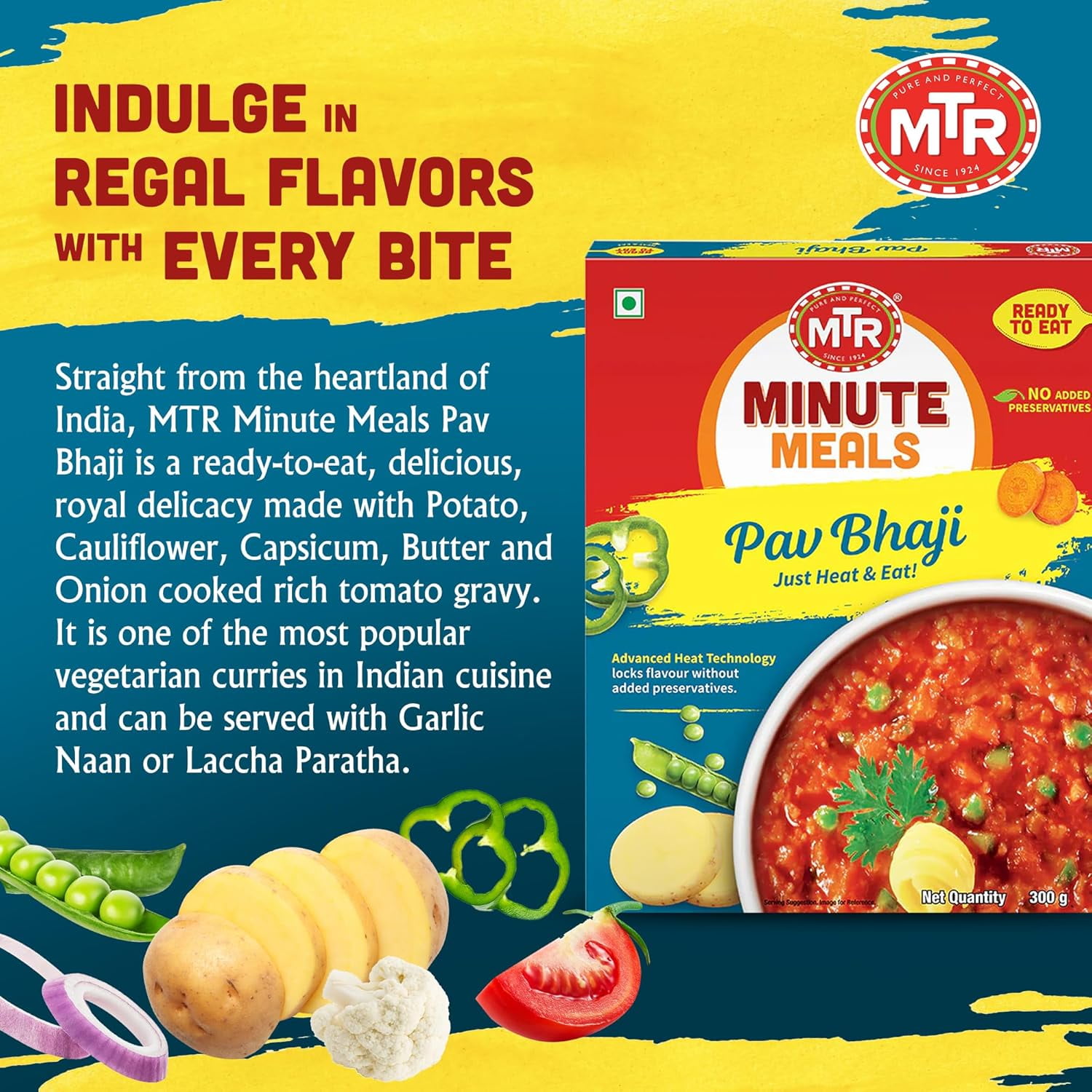 MTR Pav Bhaji (300g, Pack of 6) – Spiced Vegetable Gravy, Ready-to-Eat Indian Street Food, Vegetarian, No Preservatives, Microwavable & Flavorful