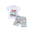 thumbnail image 2 of Aojekbee Toddler Boy Summer Outfit Letter Print Short Sleeve Tops with Elastic Waist Fish Pattern Shorts 2 Pcs Clothes, 2 of 10