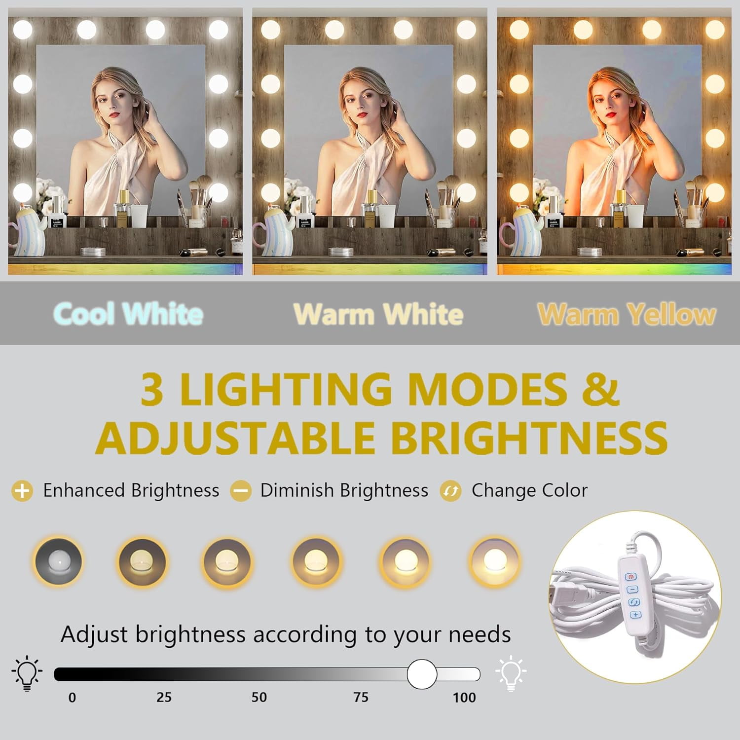 FANRAL 43'' Vanity Desk with 10 LED Lights,Under-Table RGB Strip & Built-in Power Station,Multi-Storage Makeup Table for Bedroom Bathroom Grooming,Gray Vanity
