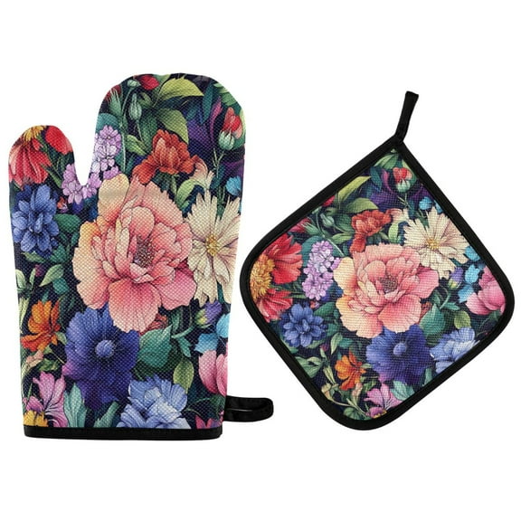 Yayeee Oven Mitts and Pot Holder Set of 2 Heat Resistant Kitchen Gloves Baking Hot Pad, Vibrant Pink Floral Pattern