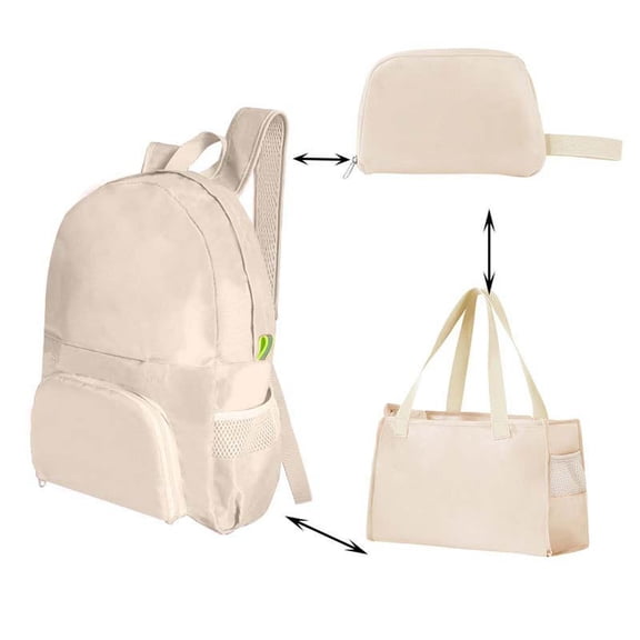 3-in-1 Packable Travel Backpack, Foldable Tote Bag with Compact Pouch, Waterproof Lightweight Daypack for Commuting, Hiking, Gym, and Weekend Trips, Beige