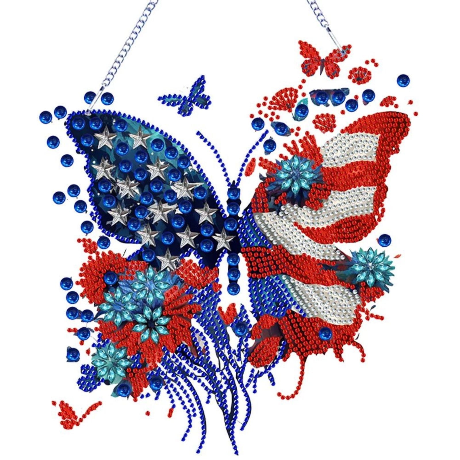 FLOPESN 2PCS DIY Diamond Pendant Diamond Art Painting Independence Day USA Butterfly Creative Design PVC Home Decoration Pendant (Single Side Diamond)