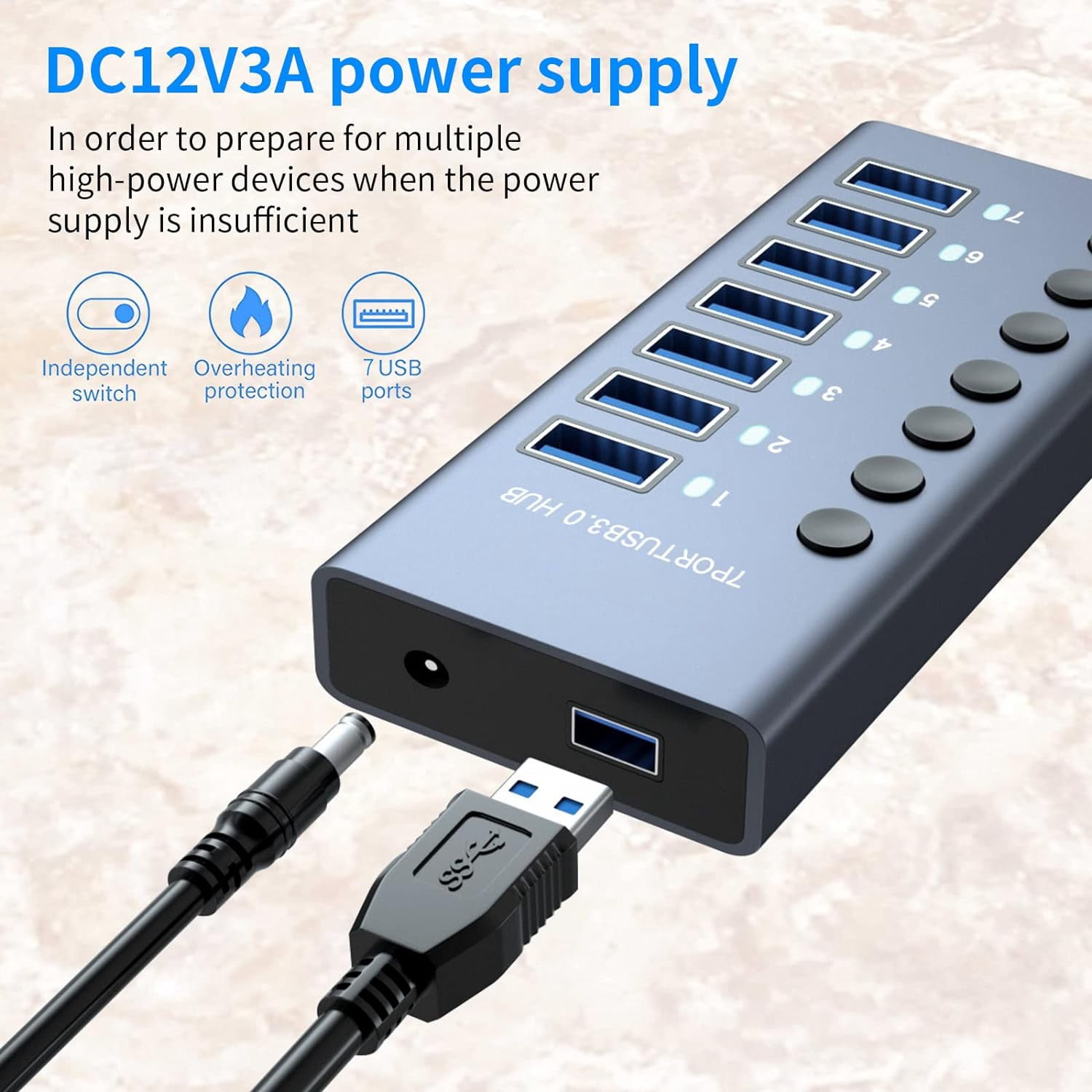 Powered USB Hub, AUBEAMTO Aluminum 7-Port USB 3.0 Hub with 7 USB 3.0 Data Transfer Ports, USB Splitter with Individual Switch and 36W (12V/3A) Power Adapter for Laptop, PC, Computer, Mobile HDD