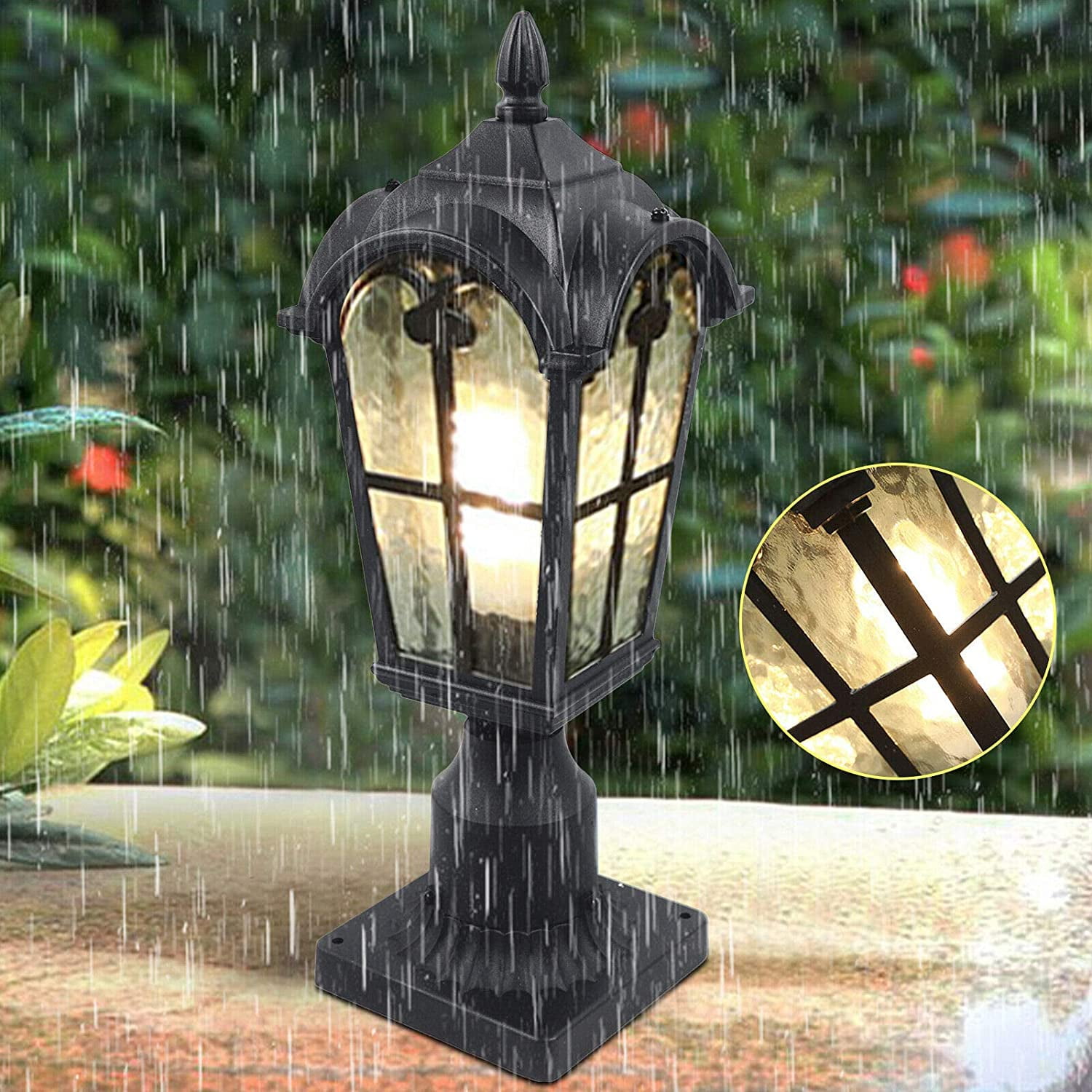 MONIPA Waterproof Aluminum Light 1-Light Outdoor Post Light Post Light Fixture with Water Ripple Glass Shade Black for Path Garden Yard Villa