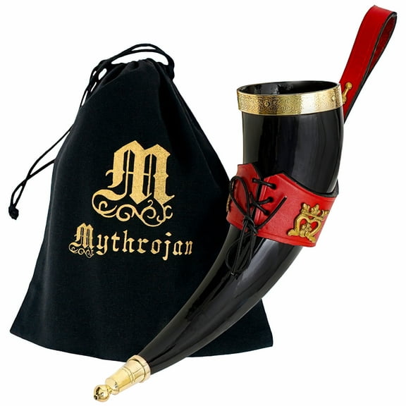Mythrojan Medieval Drinking Horn 100% Natural Authentic Viking Norse Horn with Free Red Leather Holster, Canvas Bag for Wine, Beer Mead Ale, Perfect for Cosplay, LARP, Medieval Events - 350 ml