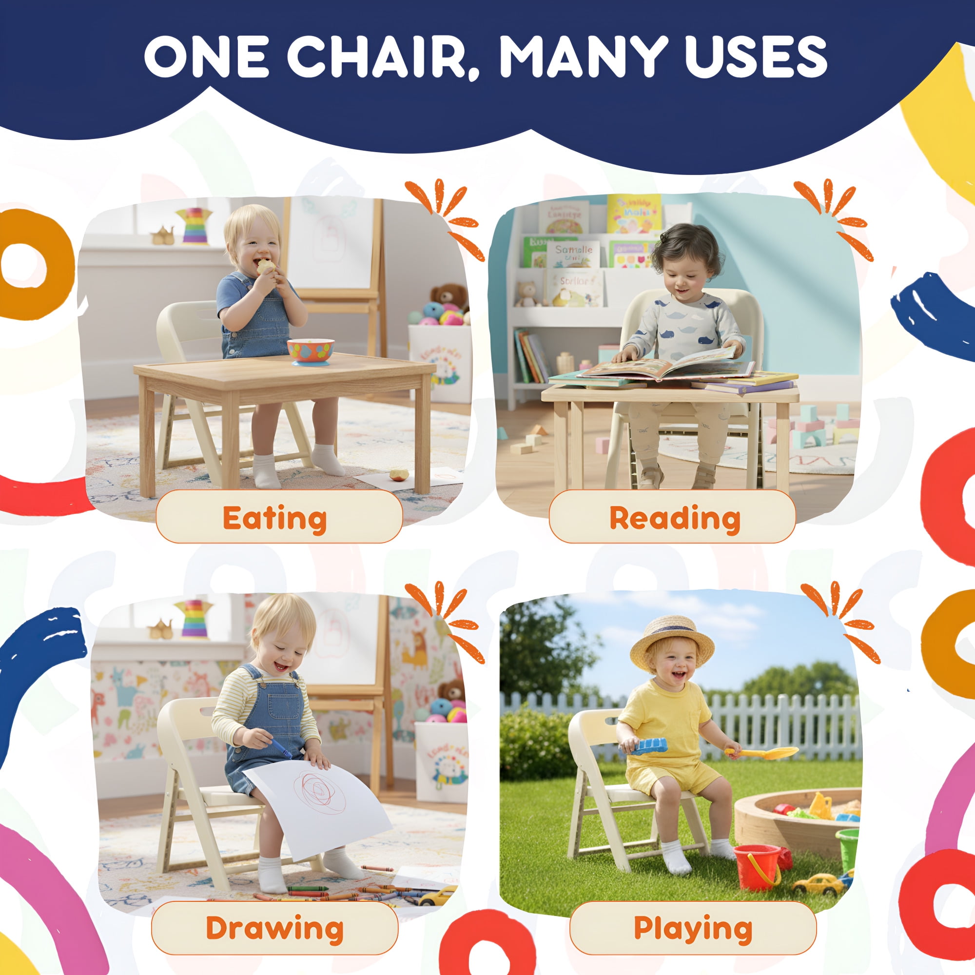 Giggle & Play Folding Chairs, Portable and Lightweight Kids Chair with Backrest, Beige, 2 Pack
