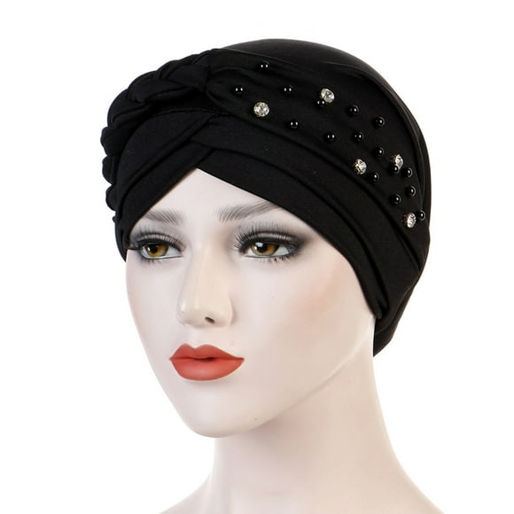 Bunenne Turbans for Women Chemo Headwear for Women Head Wraps Womens Large Elastic Comfortable Flat Hat Stud Bead Single Color Single Strip Stud Bead Drill Braid Cap Head Scarf Black One Size