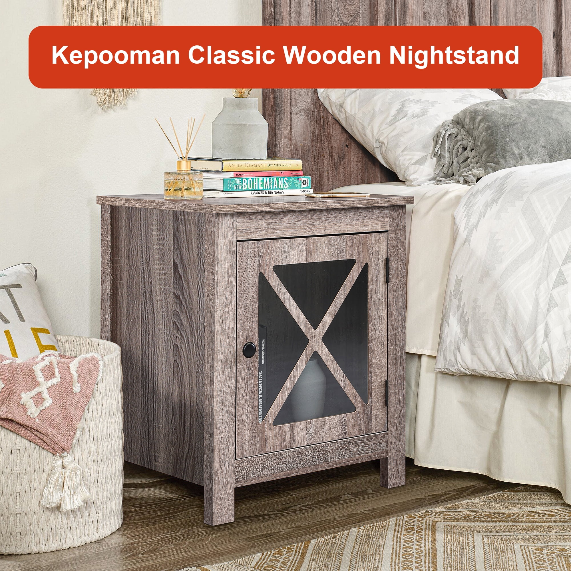 Kadyn Set of 2 Industrial Nightstand, Farmhouse Side Table End Table with X design glass Door - Light Gray Wood Kadyn Set of 2 Industrial Nightstand, Farmhouse Side Table End Table with X design glass Door - Light Gray Wood