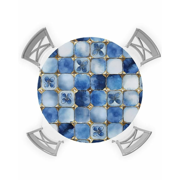 nqOlkjepod Navy Blue Geometric Round Tablecloth, Fitted Table Cover with Elastic for 45"-54" Round Tables, Modern Abstract Art Botanical Table Cloth Outdoor Dinning Party Waterproof Tablecloths
