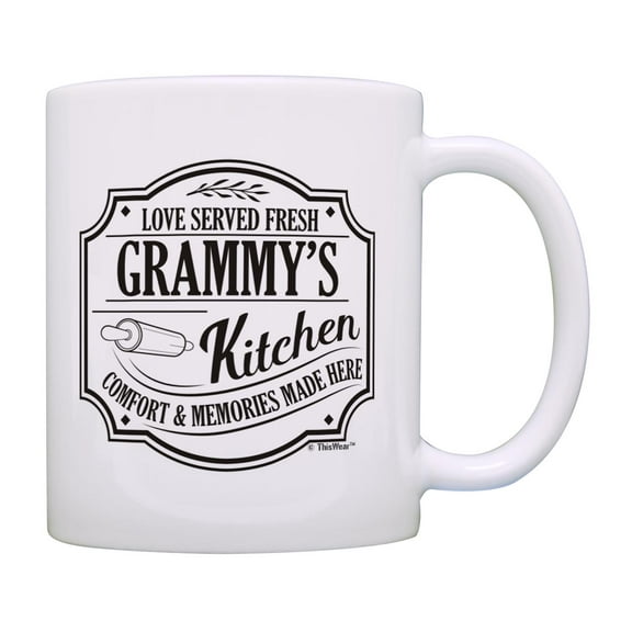 ThisWear Gifts for Grammy Love Served Fresh Grammy's Kitchen Comfort Memories Made Here Ceramic 11oz Coffee Mug Grammy