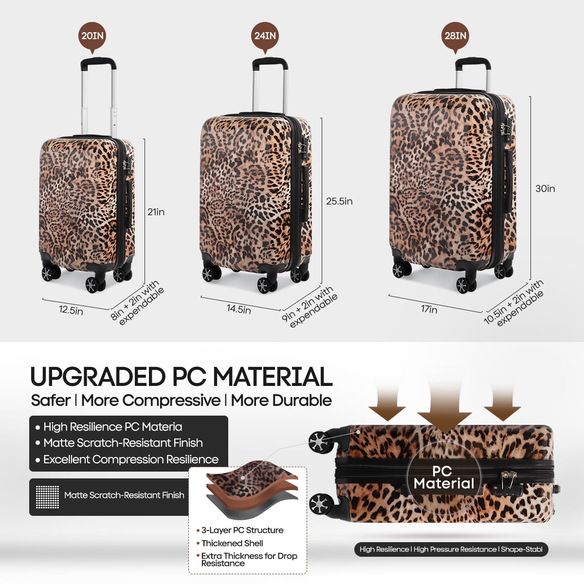 3 Piece Hardside Luggage Set PC Lightweight Expandable Suitcase with Spinner Wheels TSA Lock, 20"/24"/28",  Leopard, 0028#18