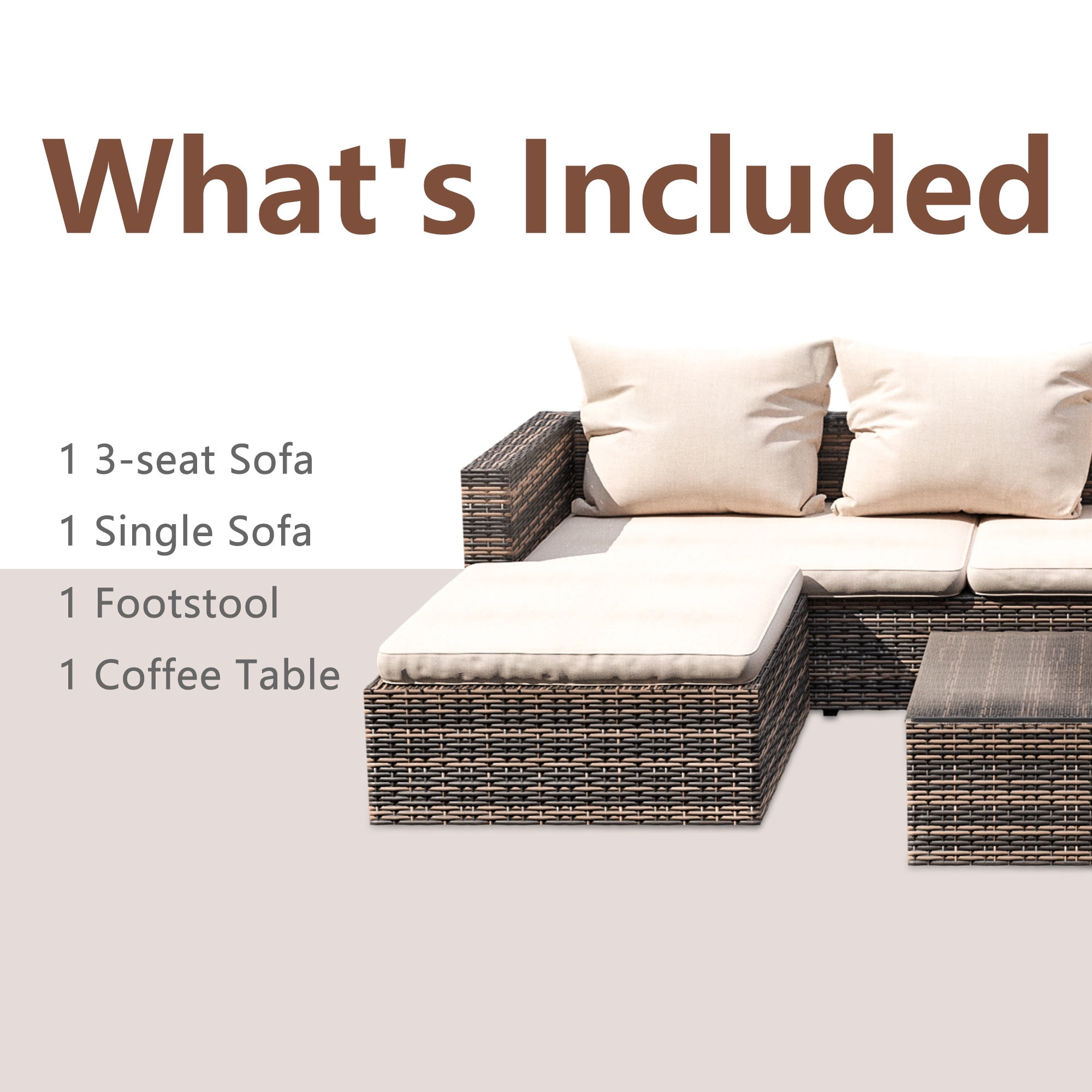 Rattan Patio Sofa Set, 4 Pieces Outdoor Sectional Furniture Set, All-Weather PE Rattan Wicker Patio Conversation Set, Cushioned Sofa Set with Glass Table for Patio Garden Poolside Deck