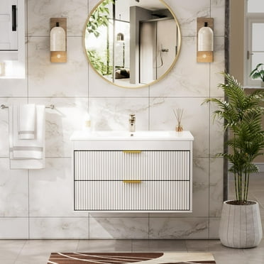 CABINAHOME 30'' Wall Mounted Bathroom Floating Vanity with Sink Combo, Floating Bathroom Vanities Cabinet with Ceramic Sink, 2 Extra Big Drawers, Soft-Close Doors, White