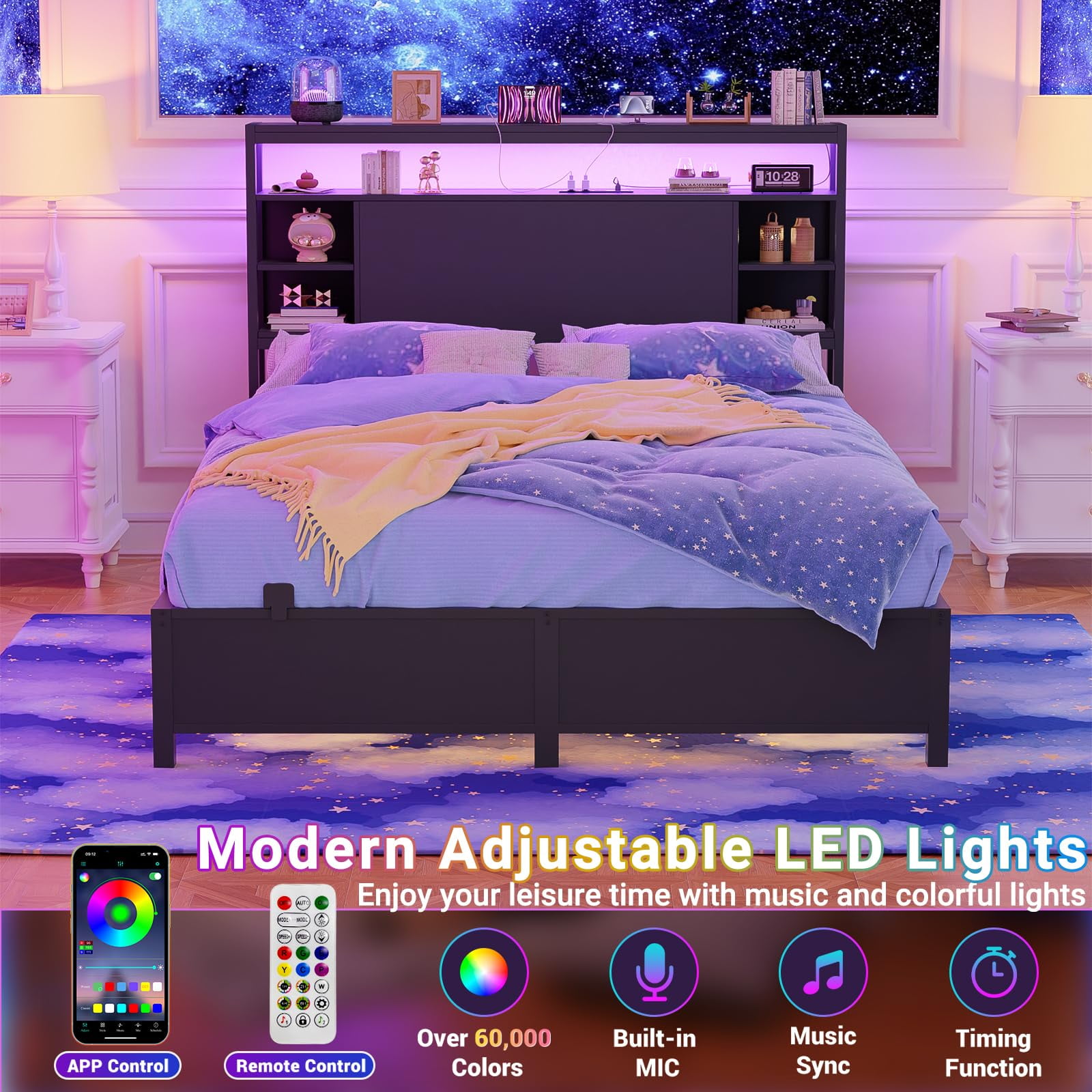 Aheaplus Full Size Headboard with Storage, Outlets & RGB LED Light - Sturdy & Stable Head Board for Bedroom, White - Perfect for Full Size Bed, Dorm Room, and Guest Room