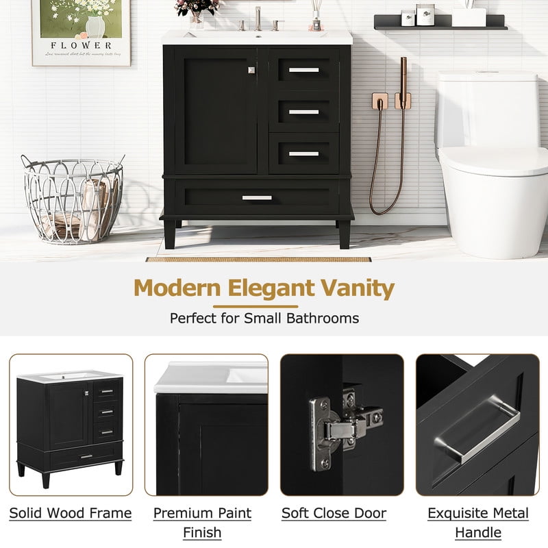 Bellemave 30" Bathroom Vanity with Sink, Cabinet with Sink Combo Set with Top, Bathroom Storage Cabinet with 3 Drawers and 1 Soft Closing Door, 30 Inch Vanity with Sink for Bathroom（Black）