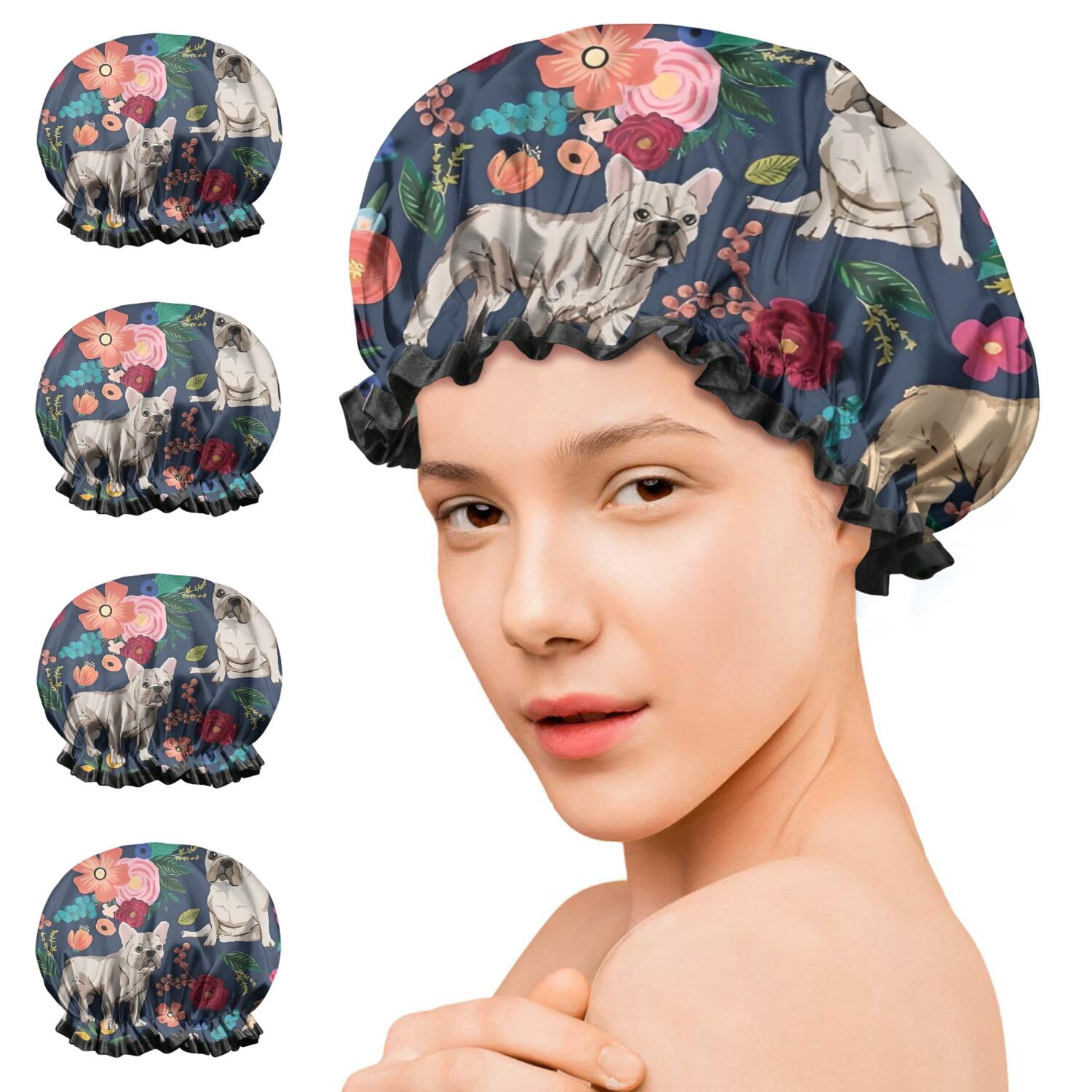 Shower Caps,French Bulldog Dog and Pioneer Flower Waterproof Shower Cap for Women 4 Pieces,Double Reusable Hair Cover for Shower PEVA Elastic Stretch Hem