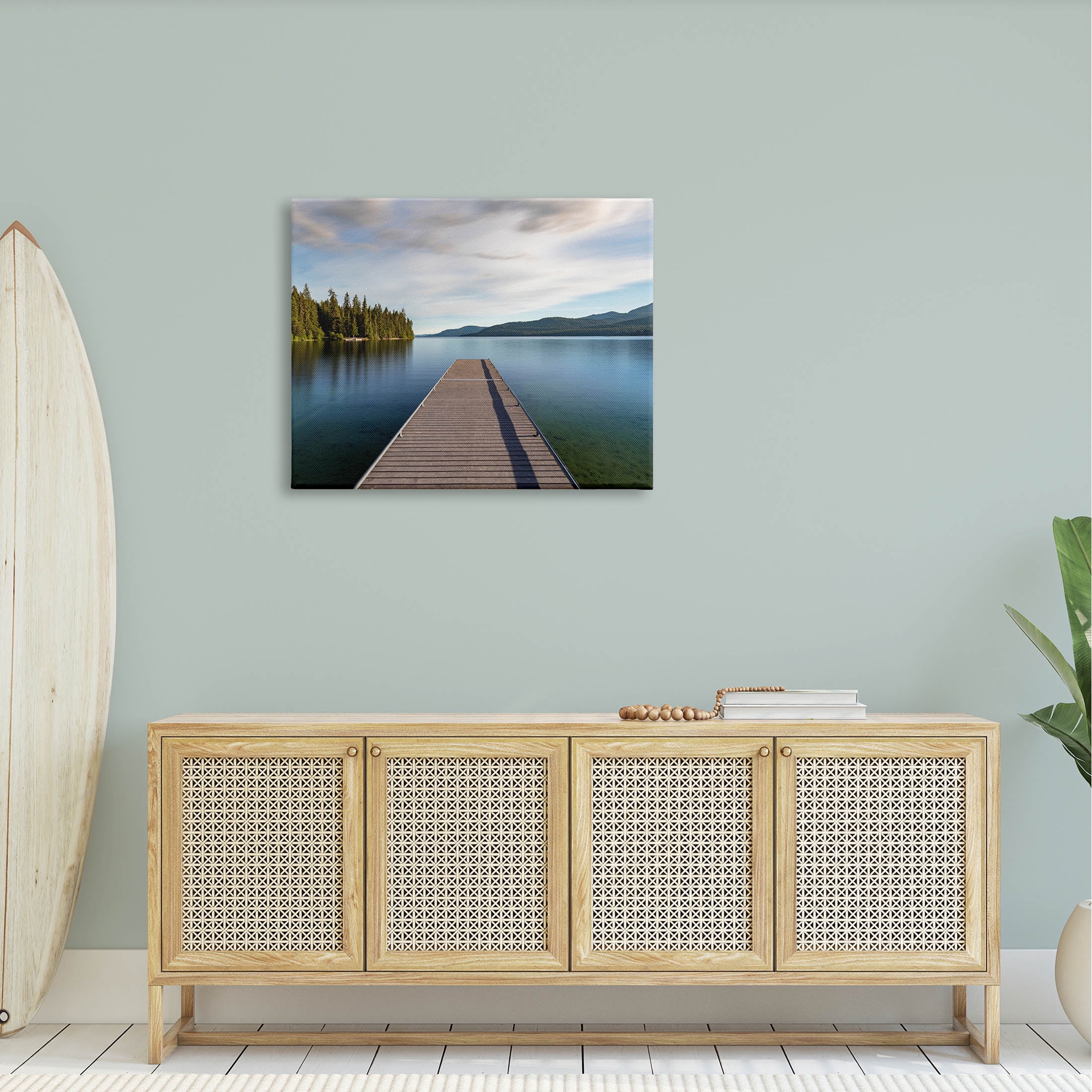 Soothing Lake Dock Mountains Landscape Photograph Gallery Wrapped Canvas Print Wall Art