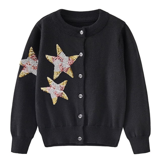 LOVZFMLL Vestes pour Filles 2-12 Ans Mode Enfants Pentagramme Sequins Bouton Col Rond Cardigan Manches Longues à Capuche Veste/veste Décontractée 10-12 Ans
