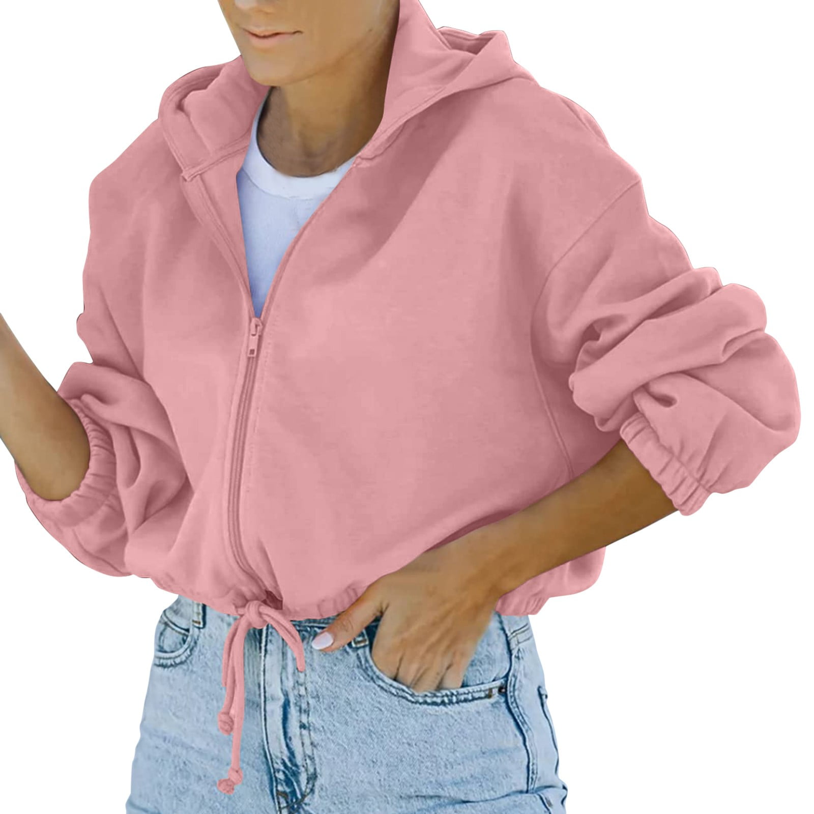 Daznico Jackets for Workout Hoodie Hooded Pink Women Sleeve Casual Up Zip Pullover Pullover XL Womens Long